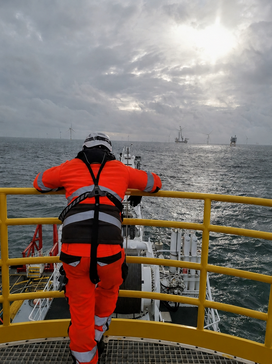 Offshore technician in orange workwear looking out across the wind farm
